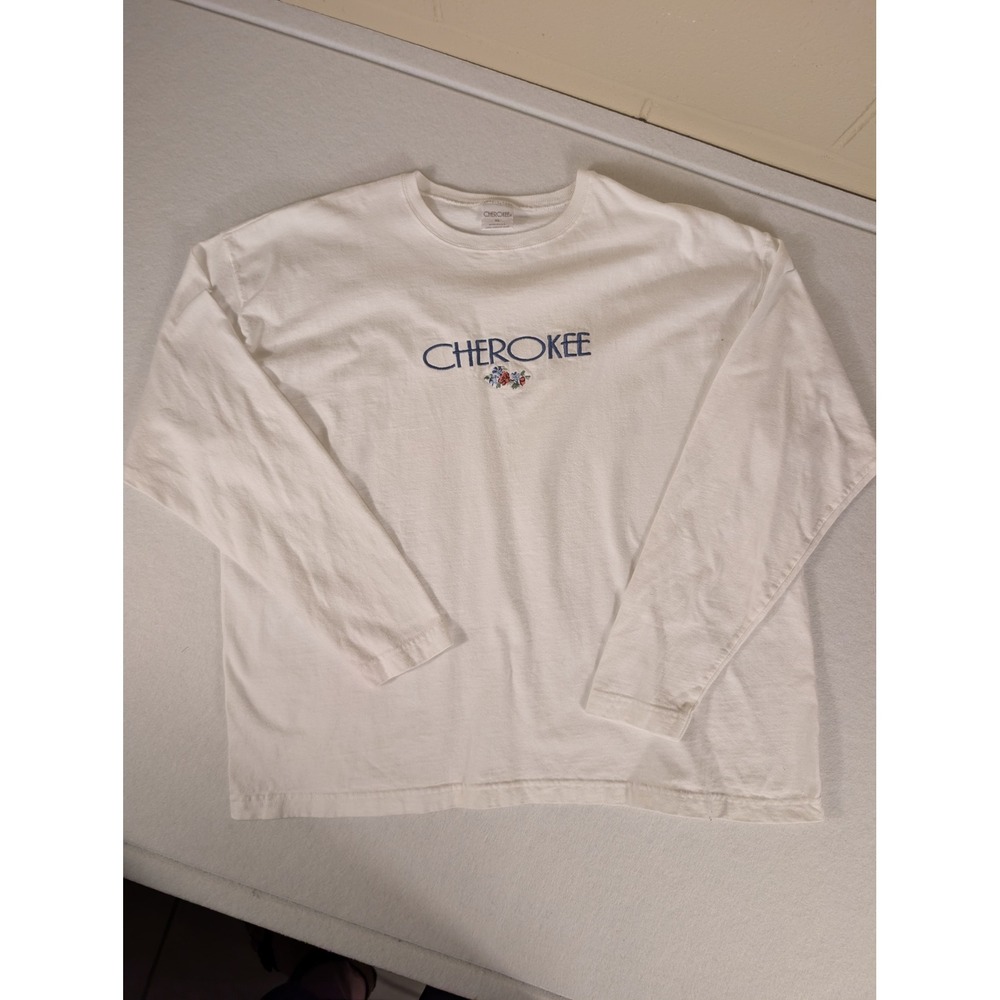 Cherokee Vintage White Long Sleeve T-Shirt Floral Embroidered Logo USA Made XL